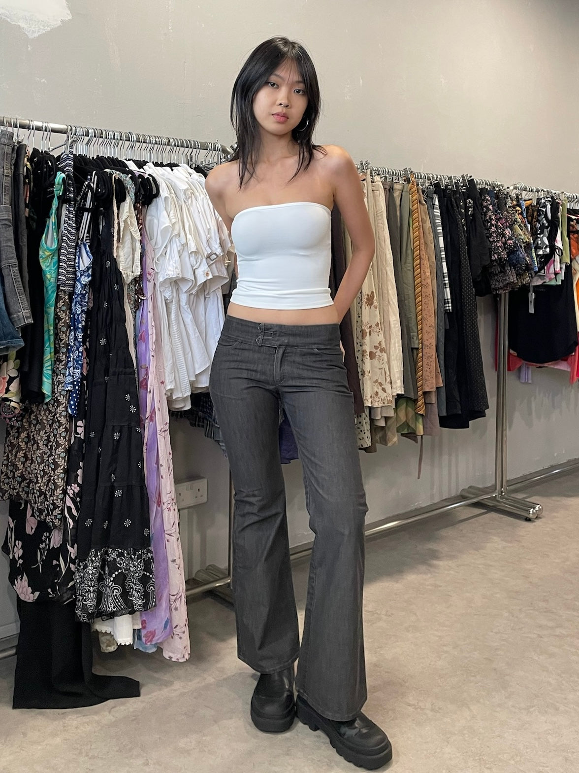 grey low waisted flare pants