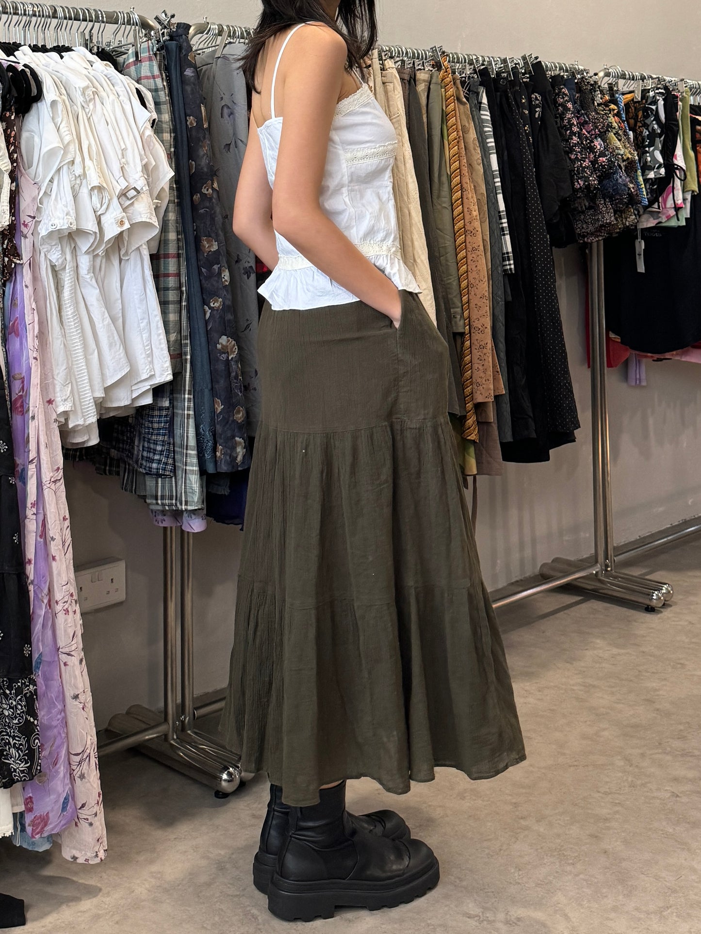 green tiered maxi skirt